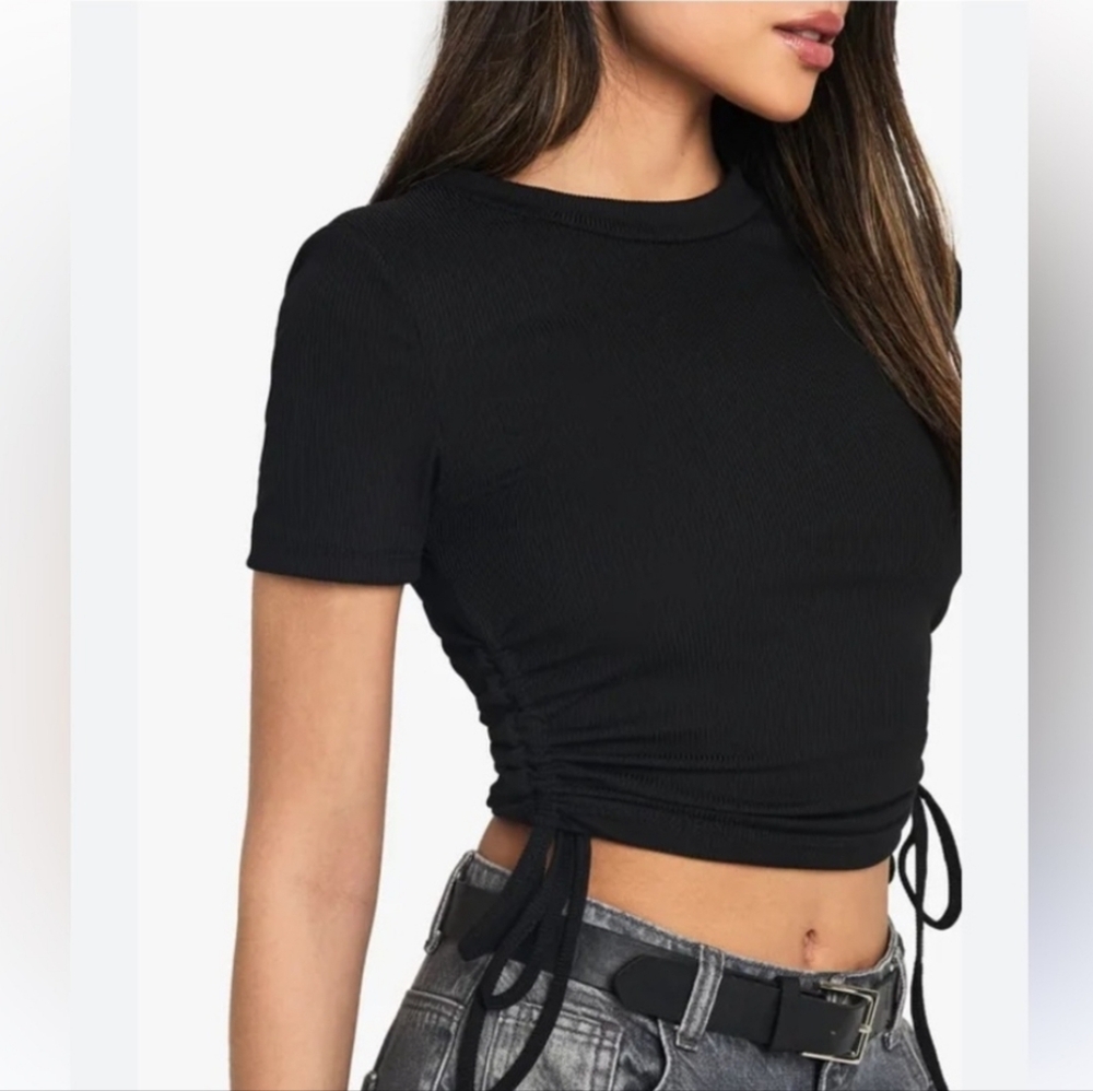 Zara | Ribbed Short Sleeve Ruched Tie Sides Shirt, Size Large